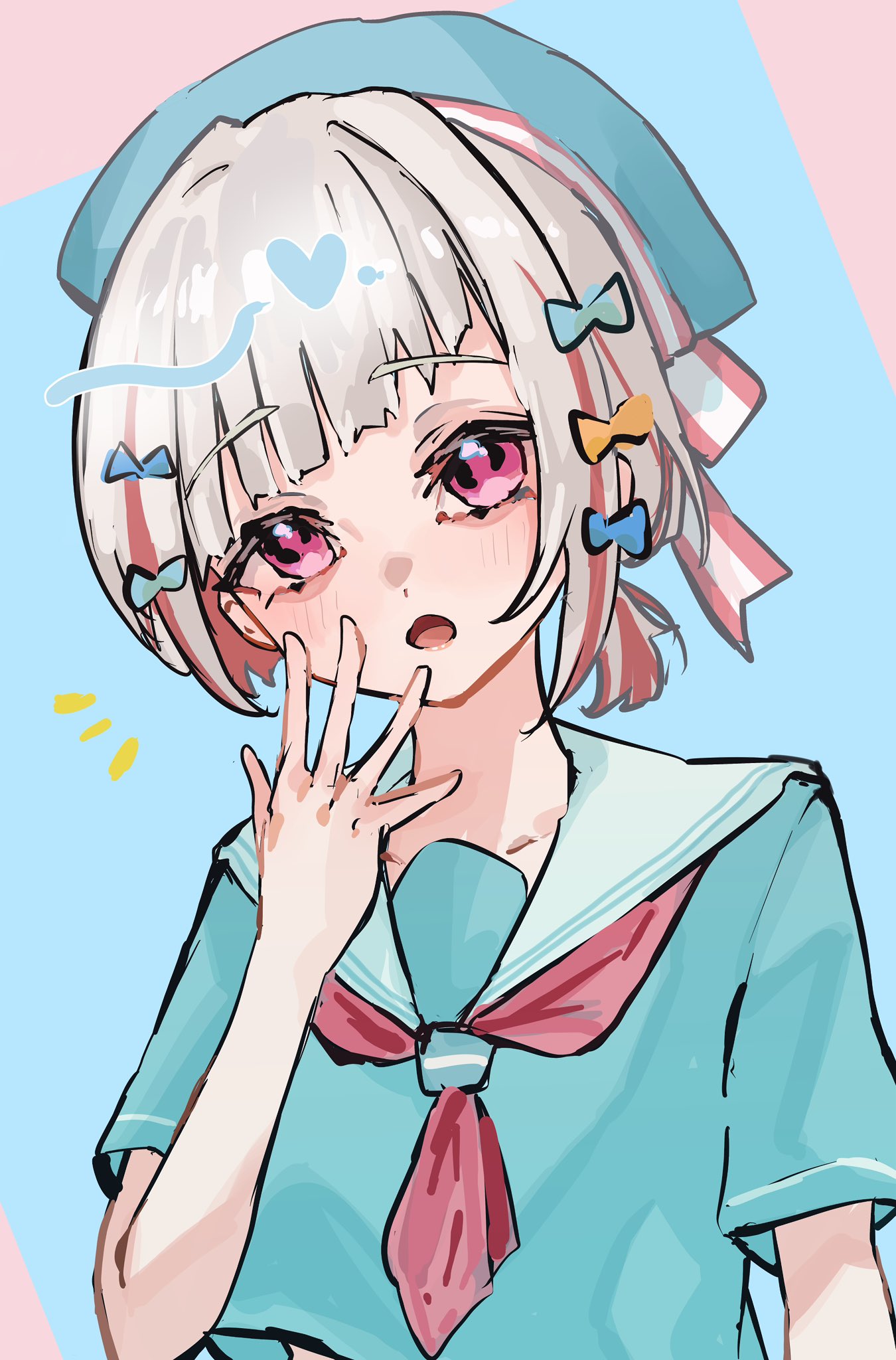 1girl, :o, blue_background, blue_hat, blue_shirt, blush, bow, collarbone, colored_inner_hair, commentary_request, diagonal_bangs, grey_hair, hair_bow, hat, heart, highres, like_and_redraw_challenge, link!_like!_love_live!, looking_at_viewer, love_live!, multicolored_hair, neckerchief, notice_lines, official_alternate_costume, oihlf, open_mouth, pink_eyes, red_neckerchief, redhead, redrawn, sailor_collar, sailor_shirt, shirt, short_hair, short_sleeves, solo, streaked_hair, upper_body, virtual_youtuber, white_sailor_collar, yugiri_tsuzuri, yugiri_tsuzuri_(gigo)