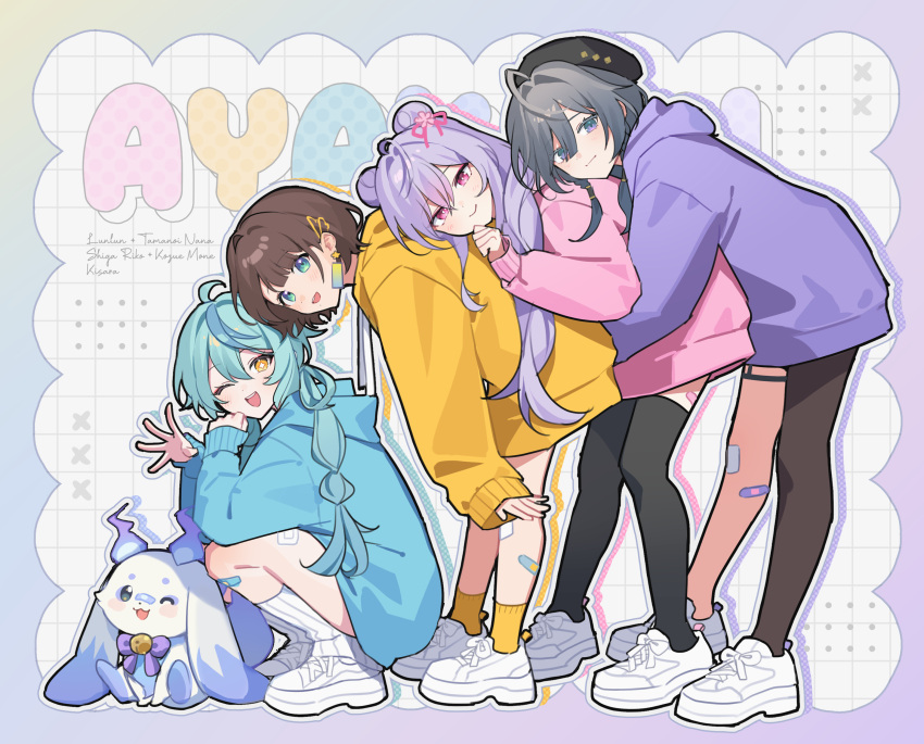 4girls, :d, absurdres, ahoge, bandaid, bandaid_on_leg, bent_over, beret