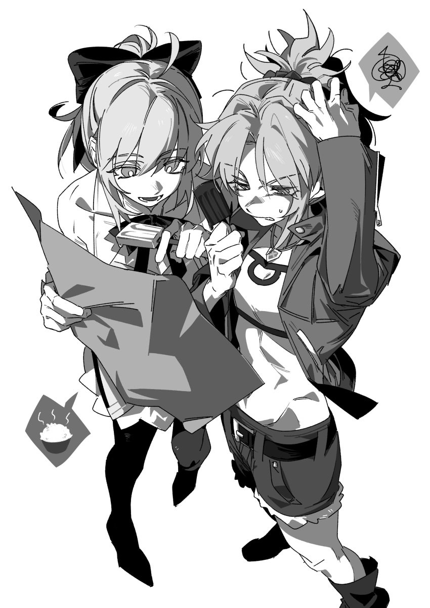 2girls, absurdres, ahoge, artoria_pendragon_(fate), bare_shoulders, boots, bow, bowl
