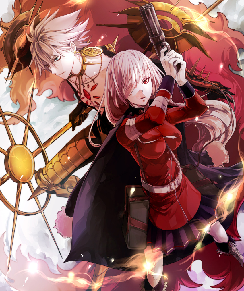 1boy, 1girl, armor, belt, blue_eyes, cape, chest_jewel, collar