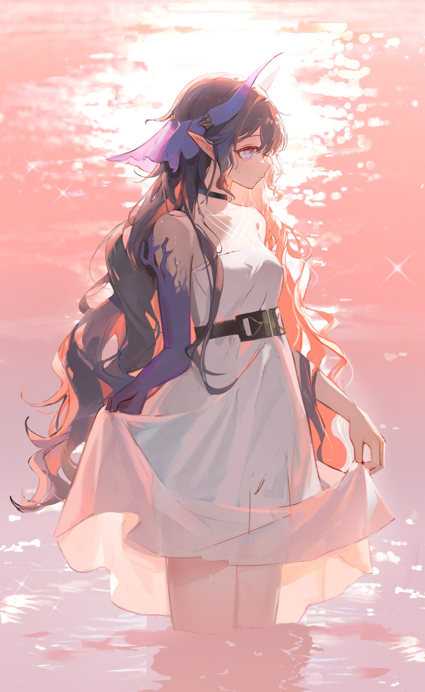 1girl, absurdres, arknights, bare_shoulders, belt, black_belt, black_choker, black_hair, blue_eyes, choker, clothes_lift, colored_skin, dress, dress_lift, highmore_(arknights), highres, hoirn, horns, long_hair, looking_to_the_side, ocean, outdoors, partially_submerged, pointy_ears, purple_horns, purple_skin, solo, very_long_hair, violet_eyes, water, white_dress