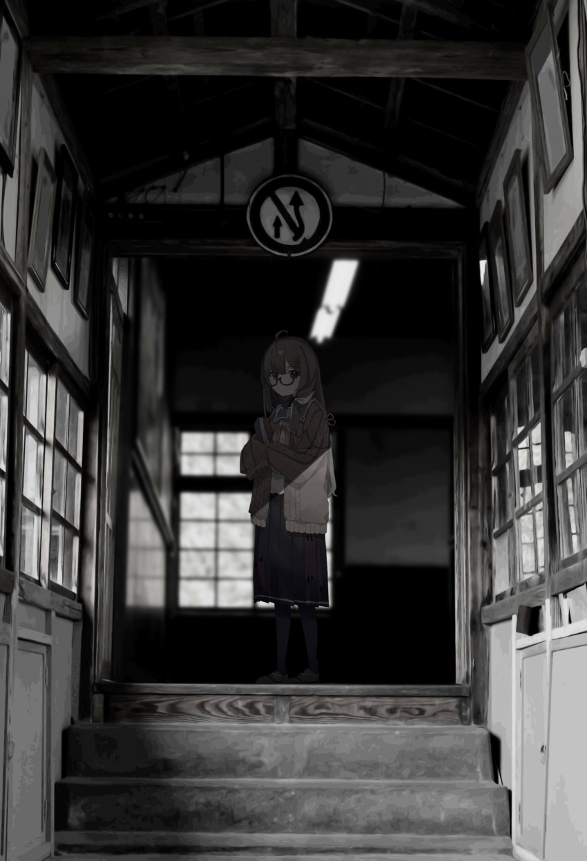 1girl, ahoge, arw_wf, black-framed_eyewear, black_footwear, black_pantyhose, black_skirt, blue_eyes, blue_sailor_collar, blush, book, brown_cardigan, brown_hair, cable_knit, cardigan, closed_mouth, crooked_eyewear, expressionless, from_side, hair_between_eyes, hair_ornament, hairpin, hallway, highres, holding, holding_book, hugging_object, indoors, kataribe_tsumugu, long_hair, long_skirt, long_sleeves, looking_at_viewer, neckerchief, nijisanji, open_cardigan, open_clothes, pantyhose, photo_background, picture_frame, pleated_skirt, road_sign, sailor_collar, school_uniform, semi-rimless_eyewear, serafuku, shirt, shoes, sidelocks, sign, skirt, sleeves_past_fingers, sleeves_past_wrists, solo, stairs, straight_hair, virtual_youtuber, white_shirt, wide_shot, window, yellow_neckerchief