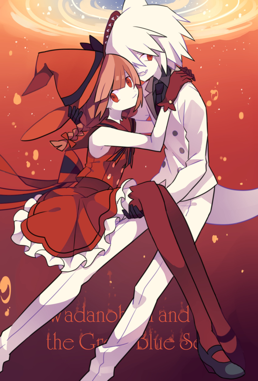 1boy, 1girl, air_bubble, braid, brown_hair, bubble, fang, funamusea