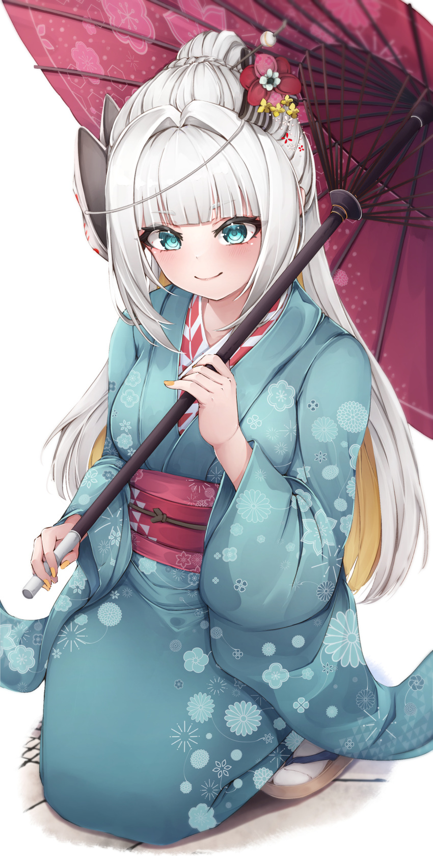 1girl, absurdres, aqua_eyes, aqua_kimono, blonde_hair, blunt_bangs, blush, braid