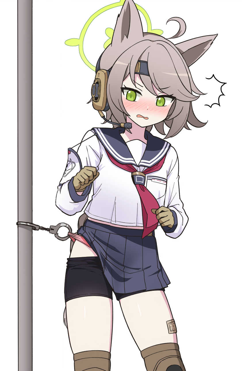 1girl, animal_ears, bdsm, bike_shorts, blue_archive, bondage, bound, cuffs, ear_protection, fox_ears, fox_platoon_(blue_archive), gloves, green_eyes, halo, handcuffs, highres, knee_pads, long_sleeves, nanju_bami, neckerchief, otogi_(blue_archive), panties, panties_under_bike_shorts, panty_pull, pink_panties, predicament_bondage, red_neckerchief, sailor_collar, school_uniform, serafuku, underwear, white_background