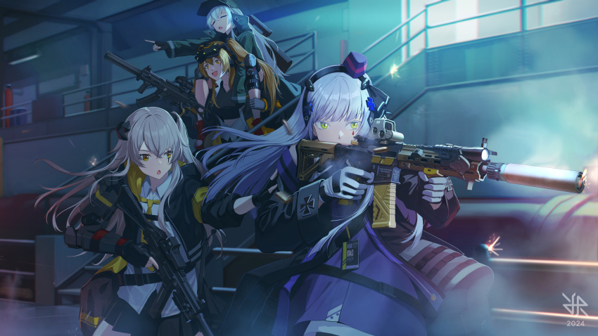 absurdres, aiming, assault_rifle, badge, black_bag, black_jacket, character_name, commission