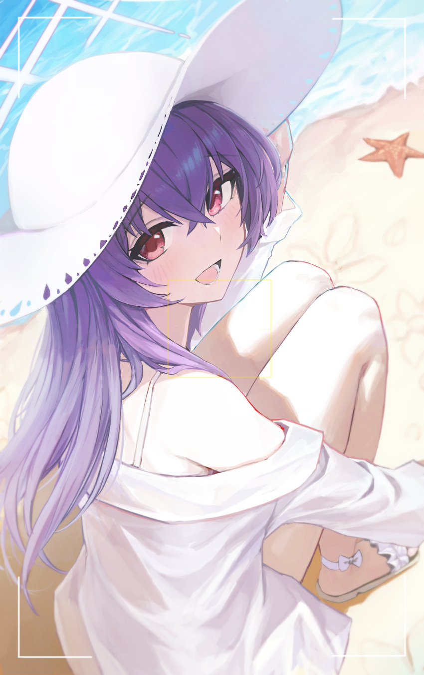 1girl, absurdres, atsuko_(blue_archive), atsuko_(swimsuit)_(blue_archive), bag_(chrko_bag), bare_shoulders, beach, blue_archive