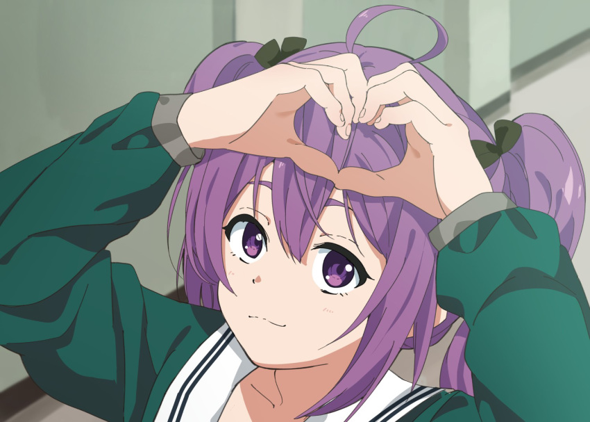 1girl, 22/7, ahoge, arms_up, black_bow, bow, close-up, closed_mouth