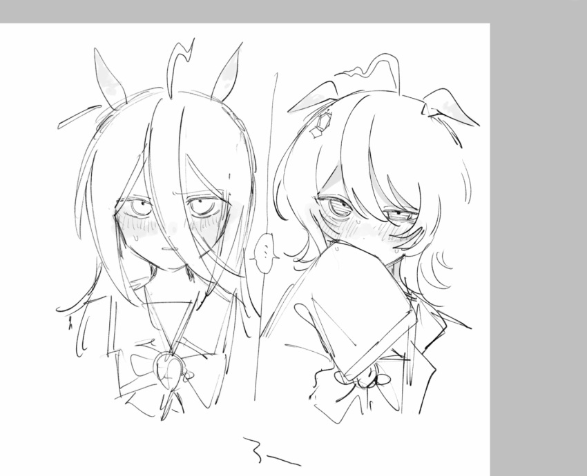 ..., 2girls, agnes_tachyon_(umamusume), ahoge, animal_ears, blush, bow, bowtie, chemical_structure, coat, covering_own_mouth, ear_tag, earrings, ears_down, greyscale, hair_between_eyes, hand_over_own_mouth, highres, horse_ears, horse_girl, implied_after_kiss, jewelry, kantai_collection, long_bangs, long_hair, long_hair_between_eyes, long_sleeves, manhattan_cafe_(umamusume), medium_hair, monochrome, multiple_girls, open_clothes, open_coat, saezurippp, sailor_collar, sailor_shirt, school_uniform, shirt, sidelocks, simple_background, single_earring, sleeves_past_fingers, sleeves_past_wrists, speech_bubble, spoken_ellipsis, sweat, tracen_school_uniform, umamusume, white_background, wolf_cut, yuri
