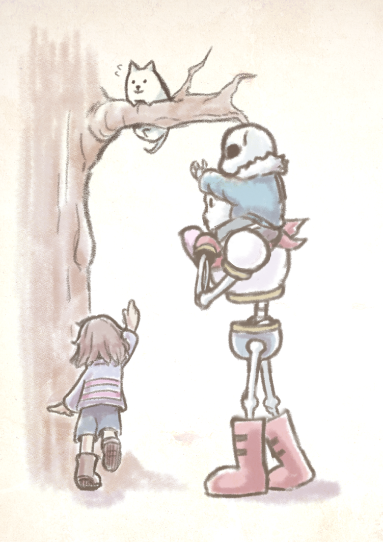 1other, 2016, 2boys, 2d, ambiguous_gender, animal, annoying_dog, blue_jacket, boots, branch, brothers, brown_boots, brown_hair, child, digital_media, dog, frisk_(undertale), full_body, fur-trimmed_jacket, fur_trim, gloves, height_difference, human, humanoid, jacket, male, mammal, monster, monster_boy, on_tree, onigawara_(kiki), papyrus_(undertale), pink_slippers, red_boots, red_gloves, sans_(undertale), short_hair, shoulder_carry, siblings, simple_background, skeleton, slippers, standing, striped_clothes, striped_shirt, teeth, tree, tree_branch, undead, undertale, utdr_(toby_fox), white_background, white_dog, white_fur