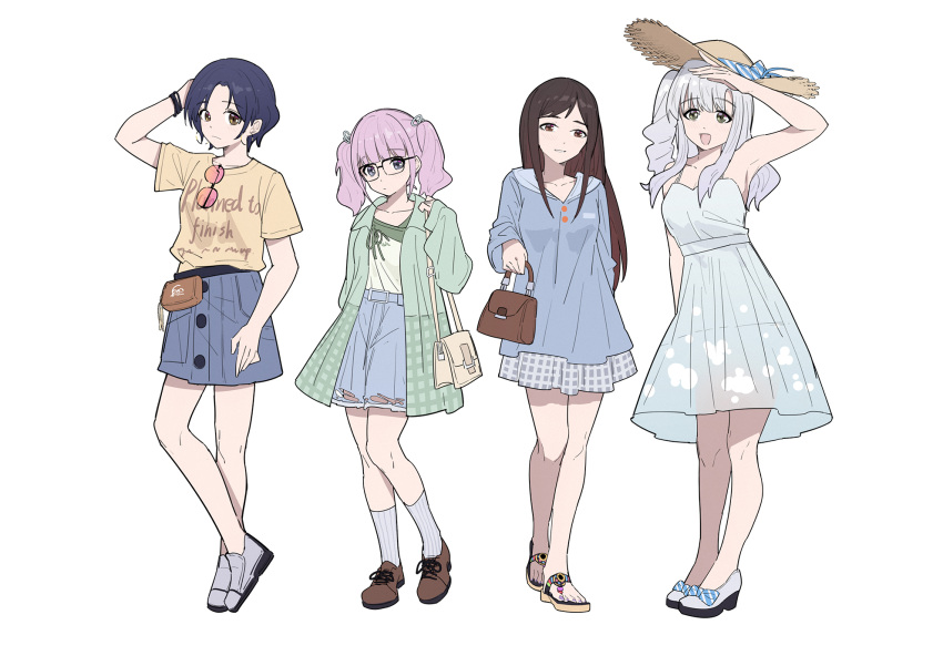 4girls, ai_(girls_band_cry), arm_up, bag, blue_dress, blue_hair, blue_shorts, blue_skirt