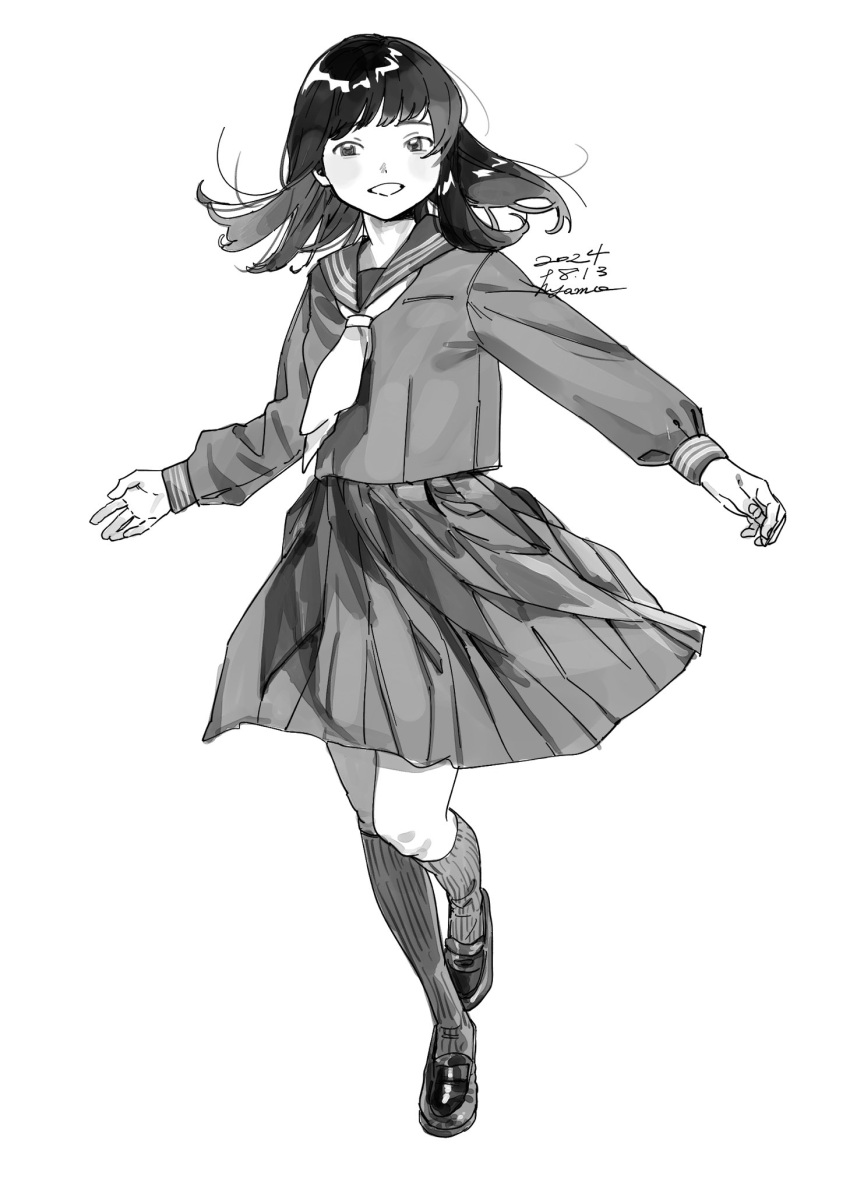 1girl, dated, greyscale, highres, hyamoo, kneehighs, loafers, long_hair