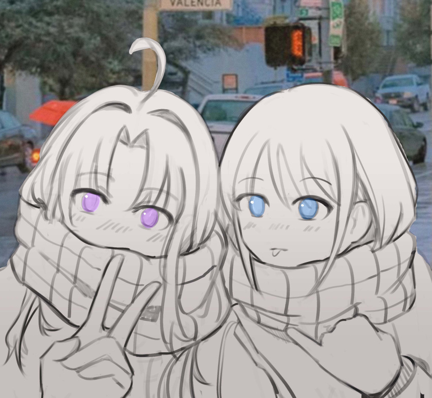 2girls, absurdres, ahoge, awa_subaru, blue_eyes, blush, chinese_commentary, commentary_request, girls_band_cry, greyscale_with_colored_background, highres, iseri_nina, kmkk, long_hair, long_sleeves, looking_at_another, looking_at_viewer, multiple_girls, outdoors, parted_bangs, photo_background, pinky_out, scarf, short_hair, sidelocks, tongue, tongue_out, upper_body, v, violet_eyes, winter_clothes