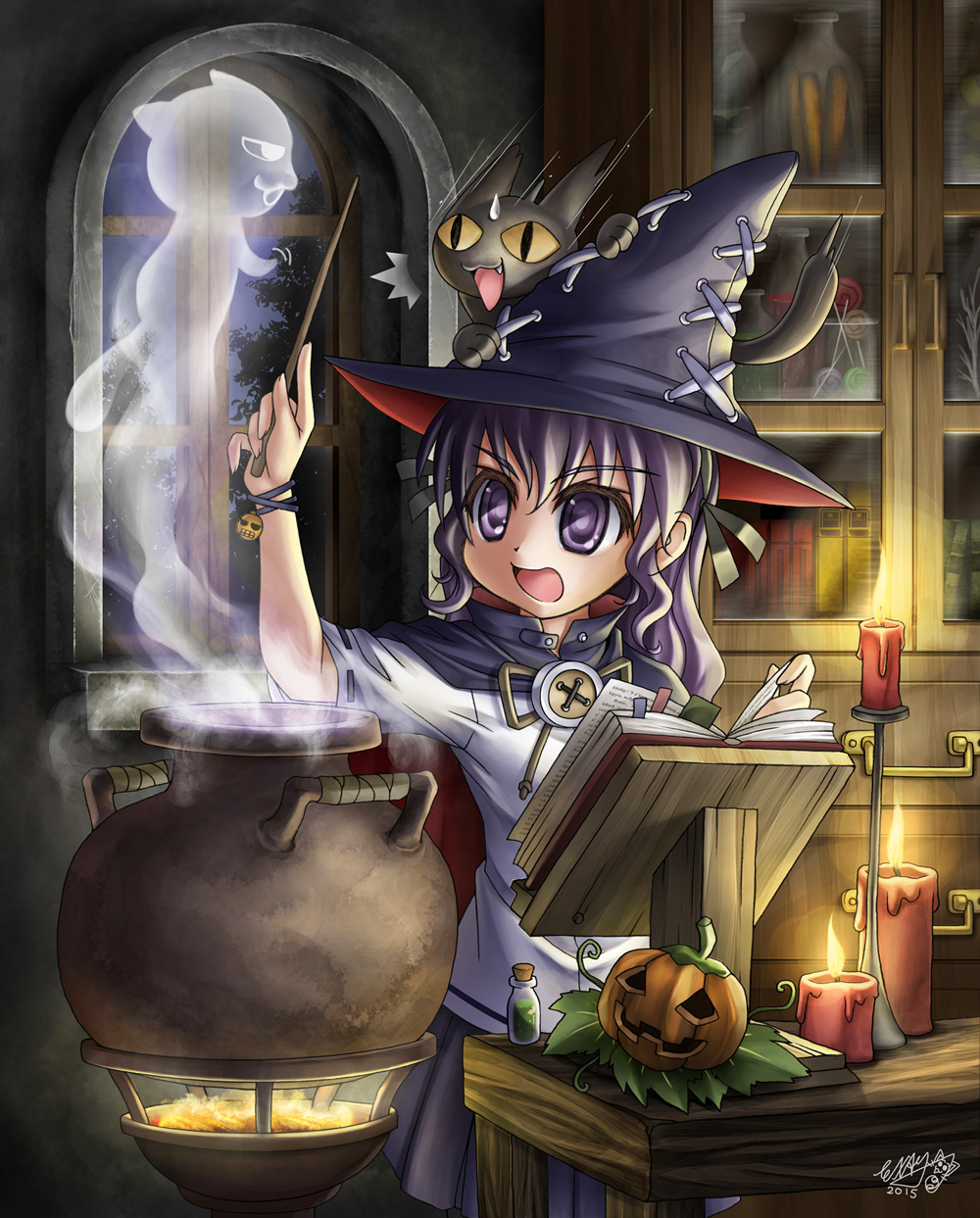 1girl, black_cat, book, cabinet, candle, cat, cauldron, cloak