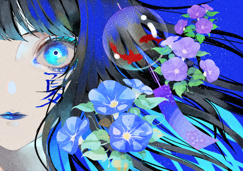 1girl, absurdres, air_bubble, black_hair, blue_background, blue_eyes, blue_flower, blue_hair, blue_lips, blunt_bangs, bubble, closed_mouth, colored_inner_hair, expressionless, floating_hair, flower, highres, leaf, looking_at_viewer, multicolored_hair, original, portrait, purple_flower, simple_background, solo, syakemayusan, two-tone_hair, wide-eyed