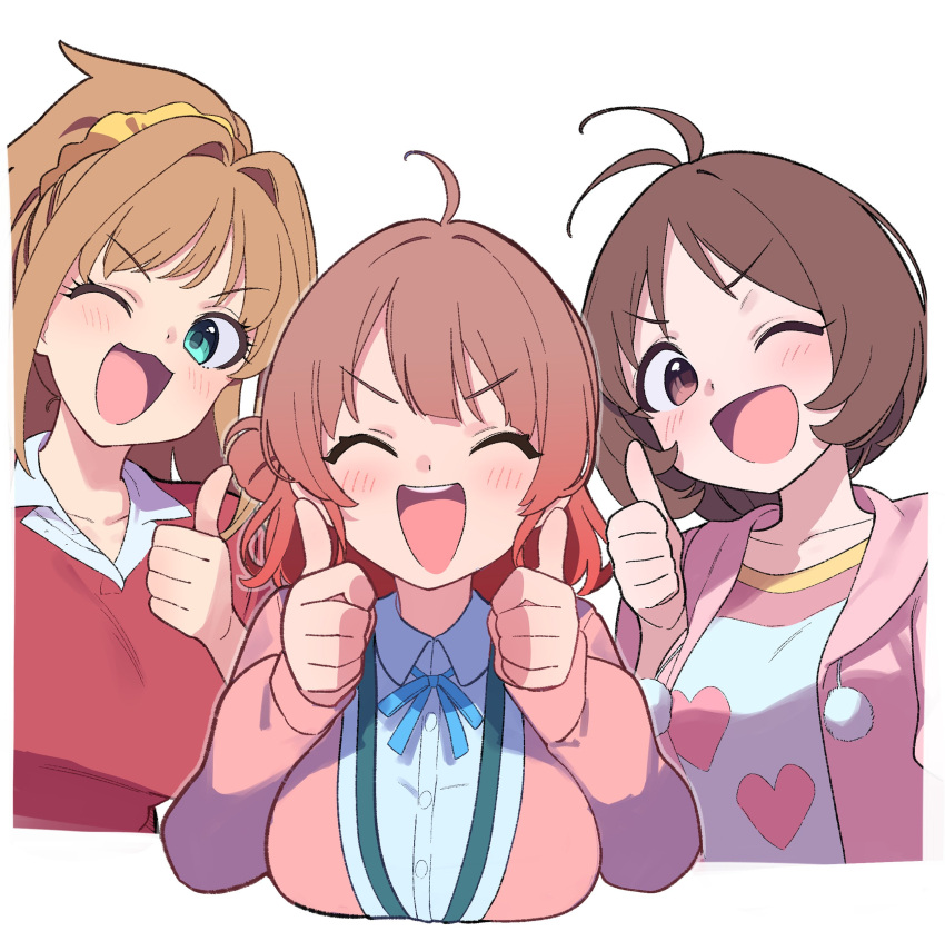 3girls, :3, ^_^, absurdres, ahoge, antenna_hair, blue_ribbon, blush