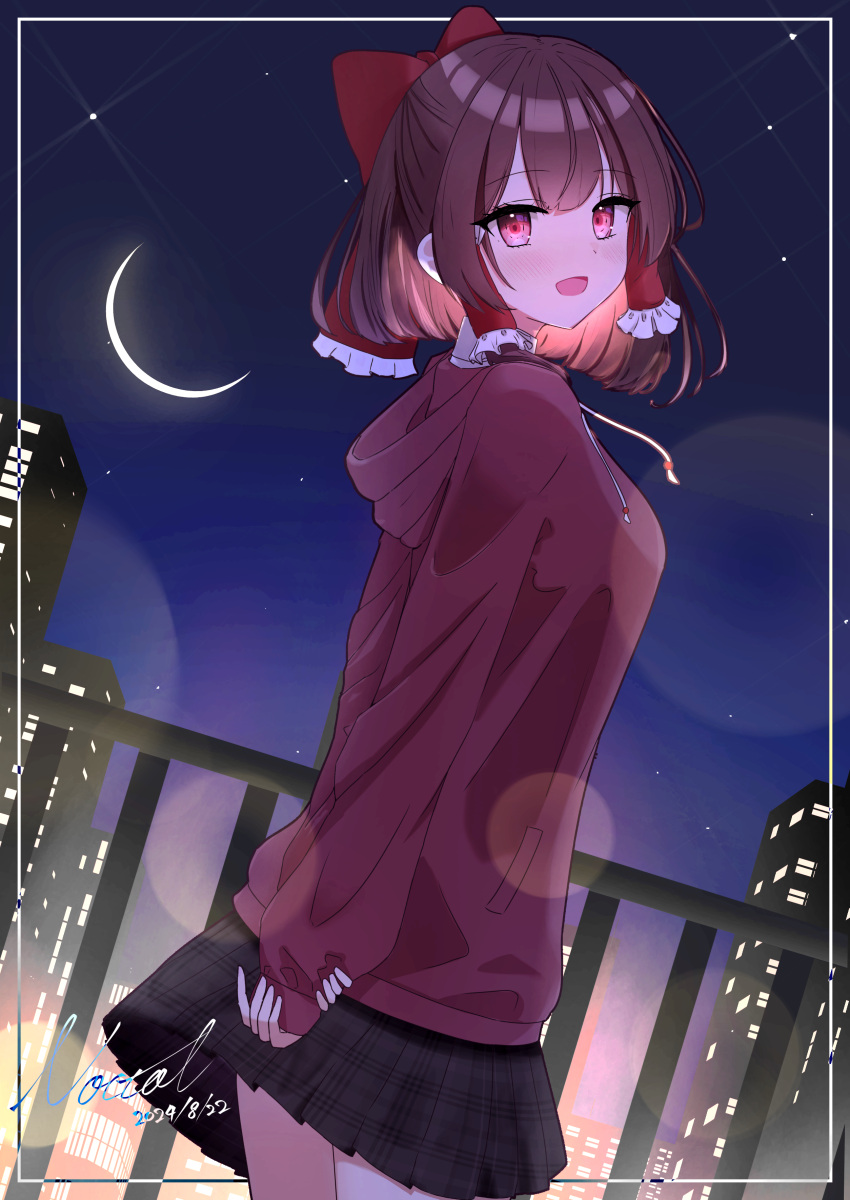 1girl, absurdres, alternate_costume, artist_name, black_skirt, blush, bow, brown_hair, building, commentary_request, cowboy_shot, crescent_moon, dated, frilled_bow, frilled_hair_tubes, frills, hair_between_eyes, hair_bow, hair_tubes, hakurei_reimu, highres, hood, hoodie, inset_border, looking_at_viewer, miniskirt, moon, night, night_sky, noctal_mxix, open_mouth, pink_eyes, plaid_clothes, plaid_skirt, pleated_skirt, red_bow, red_hoodie, short_hair, sidelocks, sideways_glance, skirt, sky, smile, solo, star_(sky), touhou