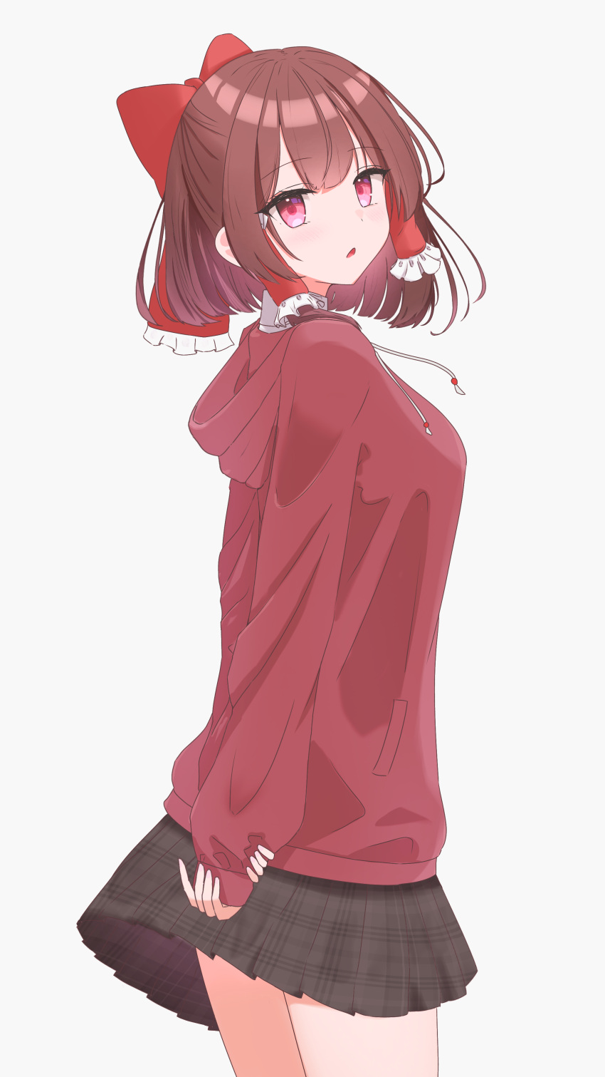 1girl, absurdres, alternate_costume, black_skirt, bow, brown_hair, commentary_request, cowboy_shot