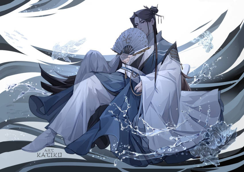 1boy, bishounen, black_hair, chinese_clothes, facial_mark, forehead_mark, hair_bun, hair_ornament, hand_fan, hanfu, holding, holding_fan, kat1ko0, long_hair, long_sleeves, looking_down, male_focus, multicolored_clothes, robe, shi_wudu, shoes, sitting, solo, tassel, tianguan_cifu, water, waves, white_footwear, white_hanfu, white_robe, wide_sleeves