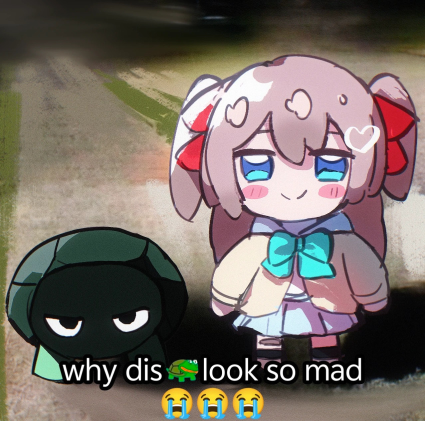 1girl, blue_bow, blue_bowtie, blue_eyes, blue_skirt, blush_stickers, bow, bowtie