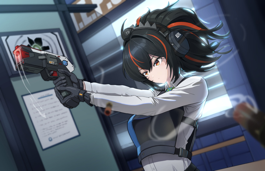 1girl, absurdres, aiming, black_hair, breasts, bulletproof_vest, cotmdtjr, ear_protection, from_side, gun, highres, holding, holding_gun, holding_weapon, indoors, large_breasts, metal_hairband, multicolored_hair, red_eyes, redhead, shell_casing, shirt, shooting_range, solo, streaked_hair, upper_body, weapon, white_shirt, zenless_zone_zero, zhu_yuan
