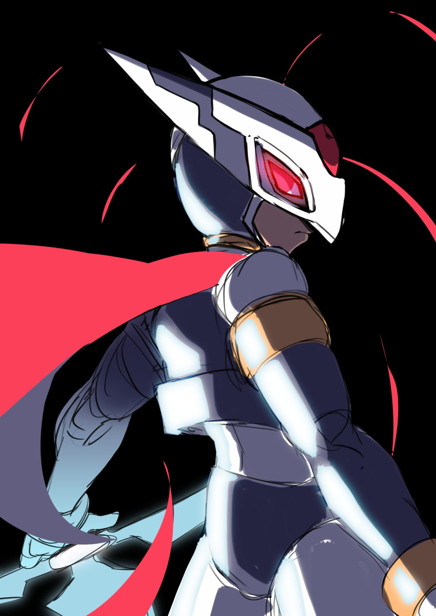 1boy, armor, black_background, cowboy_shot, forehead_jewel, from_behind, glowing, glowing_eyes, helmet, hidden_phantom_(mega_man), highres, lautricius, looking_back, mask, mega_man_(series), mega_man_zero_(series), ninja, purple_armor, red_eyes, red_scarf, scarf, shuriken, simple_background, sketch, solo, weapon