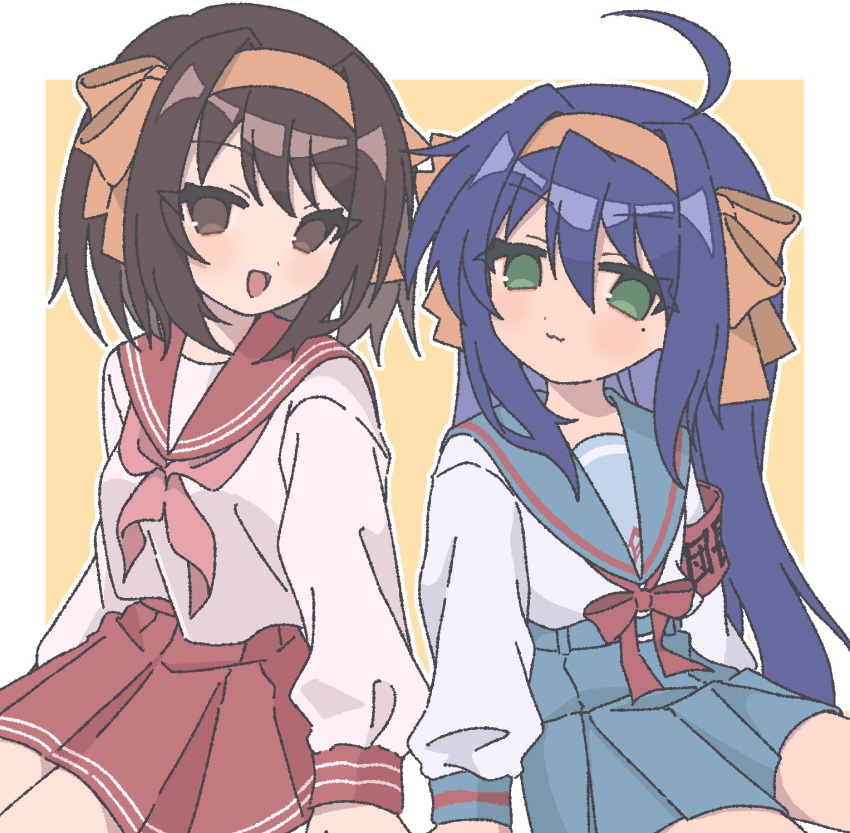 2girls, :3, :d, armband, blue_eyes, blue_hair, blue_sailor_collar, blue_skirt