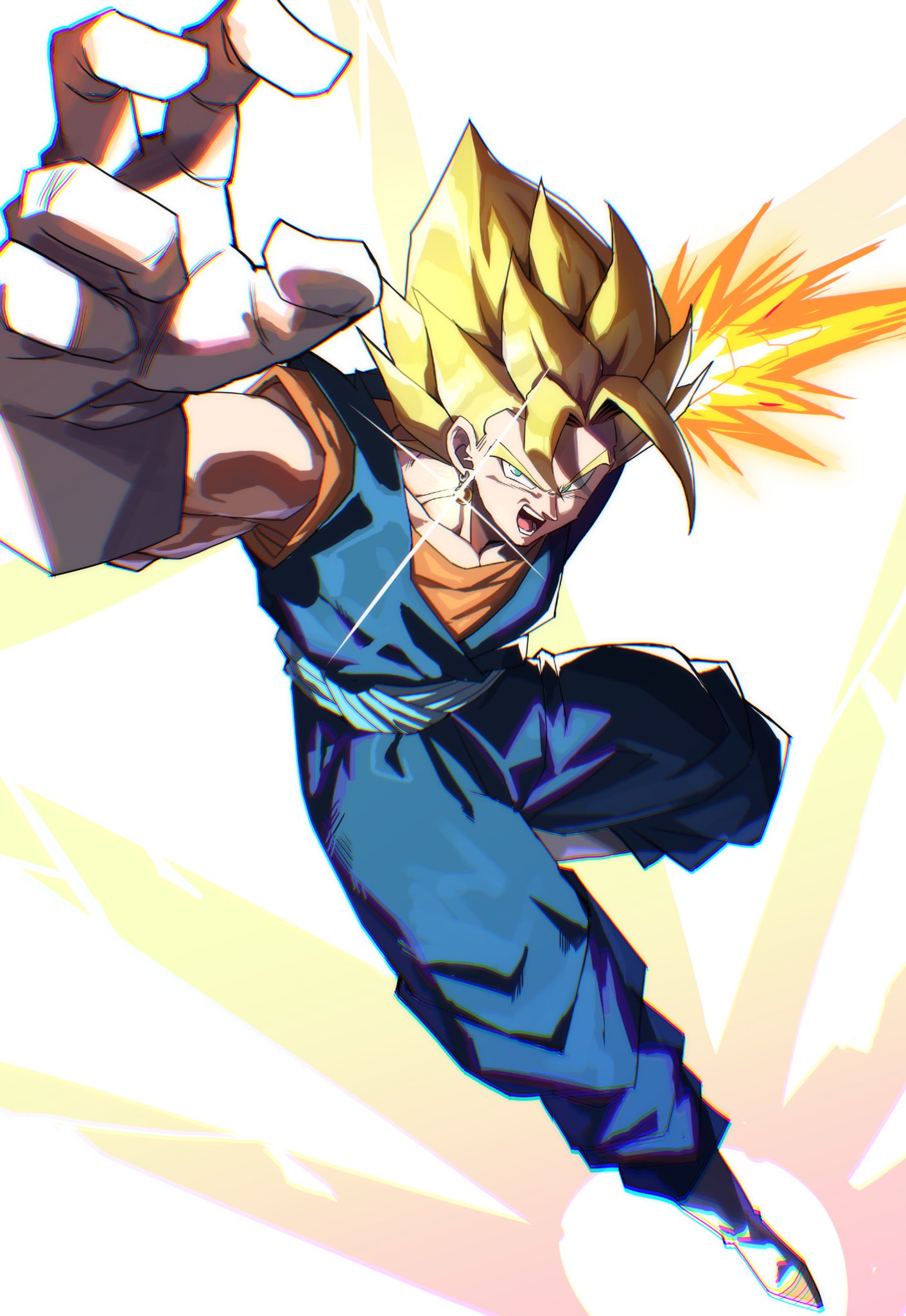 1boy, aura, blonde_hair, blue_pants, blue_sash, blue_shirt, dougi, dragon_ball