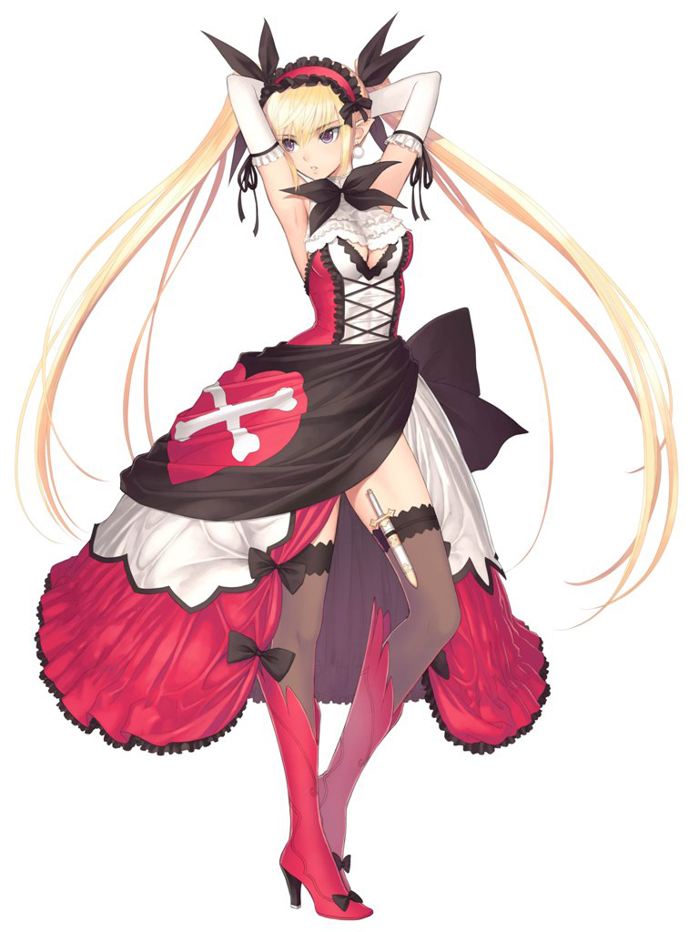 1girl, arms_behind_head, arms_up, black_legwear, black_thighhighs, blonde_hair, boots, breasts, cleavage, dress, earrings, elbow_gloves, elf, female, full_body, gloves, hairband, headdress, high_heels, holster, jewelry, knife, large_breasts, legs, long_legs, looking_away, looking_to_the_side, mistral_(shining_hearts), pointy_ears, purple_eyes, shining_(series), shining_hearts, shoes, simple_background, solo, standing, taka_tony, tanaka_takayuki, thigh-highs, thigh_holster, thighhighs, twintails, violet_eyes, white_background, white_gloves