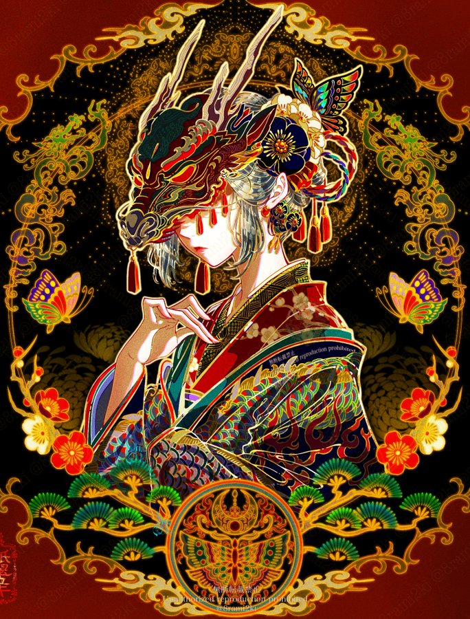 1girl, 8rami2ki, butterfly_hair_ornament, closed_mouth, colorful, dragon_mask, expressionless, floral_print