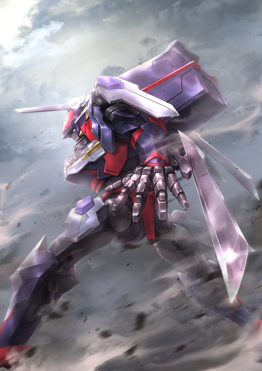 arm_blade, clouds, code_geass, code_geass:_dakkan_no_roze, deadspike_nine, debris, dust_cloud, fighting_stance