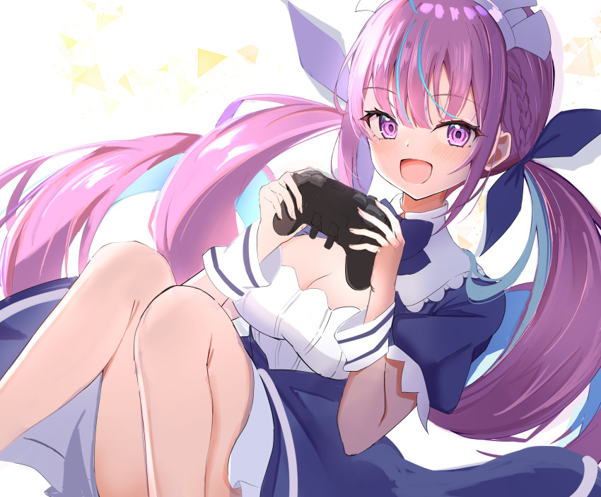 1girl, absurdres, ahoge, blue_dress, blue_hair, blue_ribbon, blush, braid