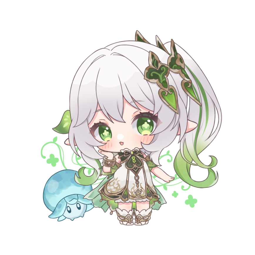 1girl, bloomers, bracelet, bright_pupils, cape, chibi, chibi_only, child, commentary, cross-shaped_pupils, detached_sleeves, dress, fungi_(genshin_impact), genshin_impact, gold_trim, green_cape, green_dress, green_eyes, green_hair, hair_between_eyes, hair_intakes, hair_ornament, hand_on_own_cheek, hand_on_own_face, jewelry, leaf_hair_ornament, light_blush, long_hair, looking_at_viewer, multicolored_hair, nahida_(genshin_impact), no_nose, open_mouth, pointy_ears, shiun_hisame, short_sleeves, side_ponytail, sidelocks, simple_background, sleeveless, sleeveless_dress, solo, streaked_hair, symbol-only_commentary, symbol-shaped_pupils, tareme, toeless_footwear, two-tone_dress, two-tone_hair, very_long_hair, white_background, white_bloomers, white_dress, white_footwear, white_hair
