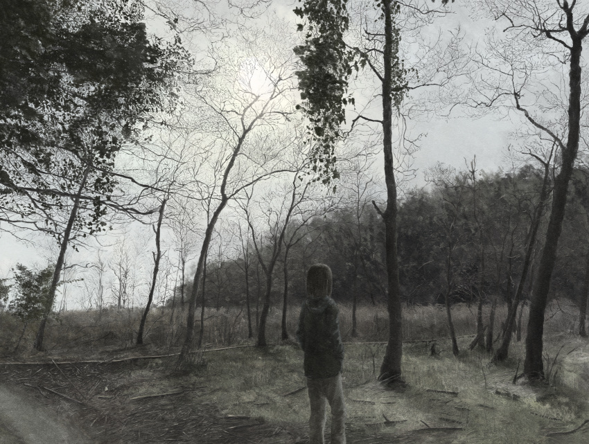1girl, absurdres, akebonobashi_(artist), bare_tree, black_hair, black_jacket, branch, facing_away
