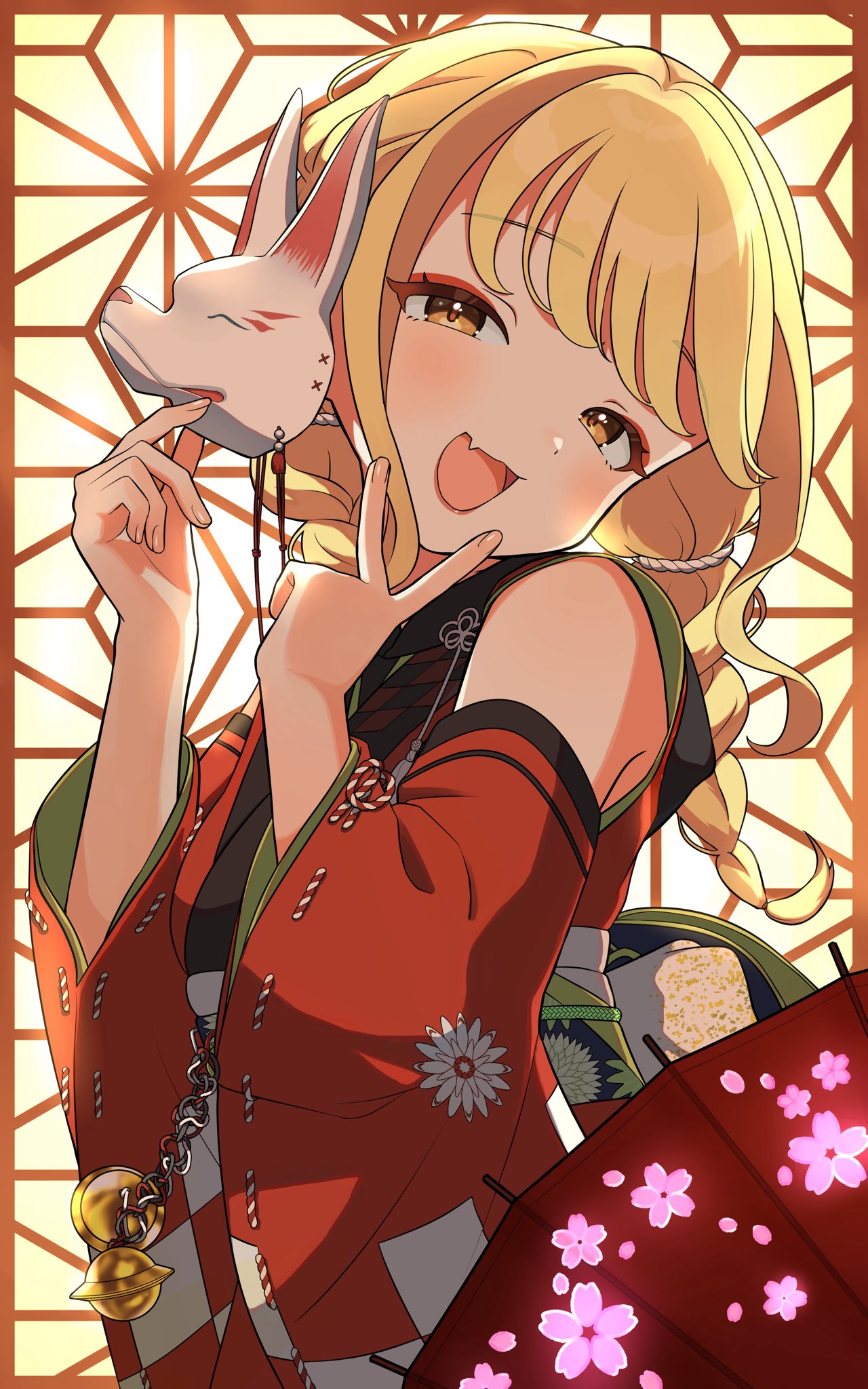 1girl, :d, bare_shoulders, bell, blonde_hair, braid, cherry_blossom_print, commentary_request, detached_sleeves, eyeshadow, fang, floral_print, fox_mask, fujita_kotone, gakuen_idolmaster, head_tilt, highres, holding, holding_mask, idolmaster, japanese_clothes, jingle_bell, kamurogiku_(idolmaster), kimono, lipstick, long_hair, looking_at_viewer, makeup, mameragi, mask, oil-paper_umbrella, open_mouth, red_eyeshadow, red_kimono, red_sleeves, skin_fang, sleeveless, sleeveless_kimono, smile, solo, twin_braids, umbrella, upper_body, v, wide_sleeves, yellow_eyes