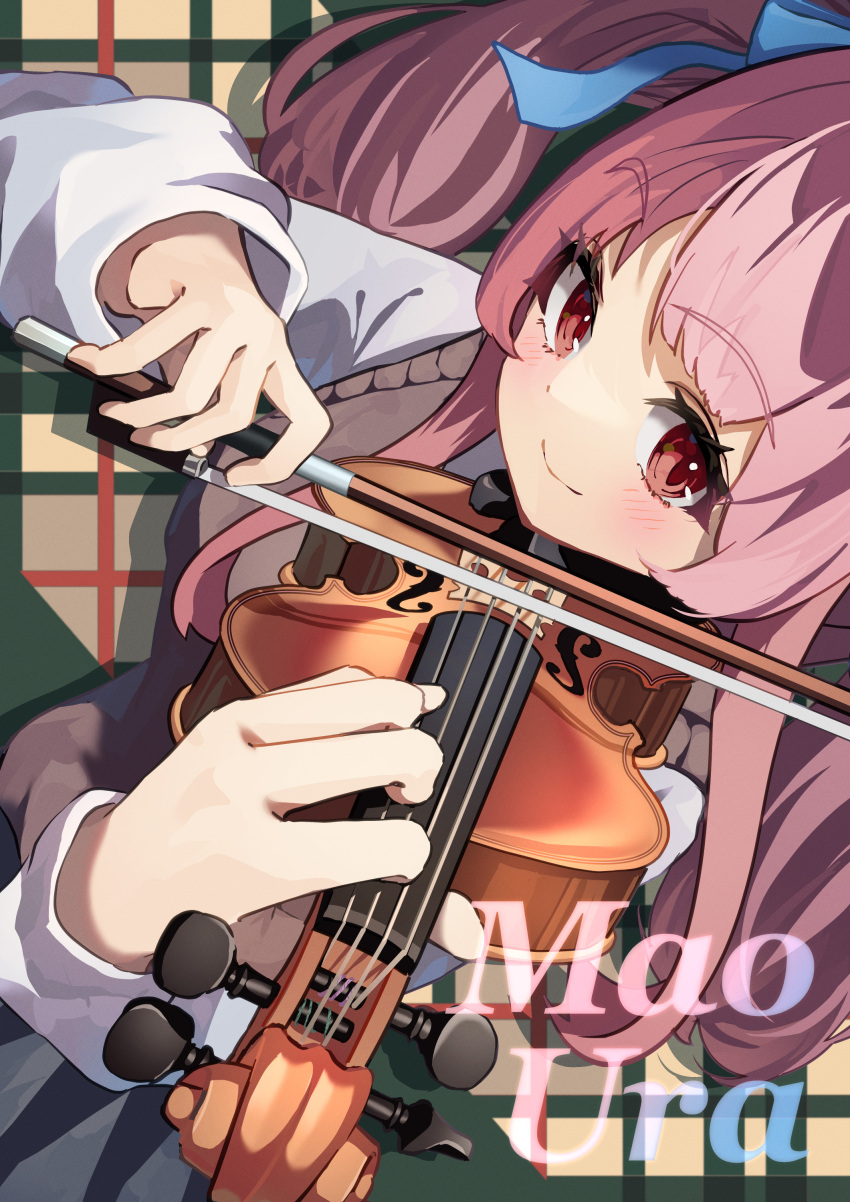1girl, absurdres, blue_bow, blush, bow, character_name, checkered_background, highres, instrument, mao_ura, pink_eyes, pink_hair, riot_blue, school_uniform, smile, sweater, taka_(illustratortaka), twintails, violin, virtual_youtuber