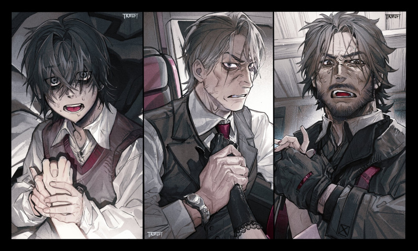 1girl, 3boys, artist_name, avery_(degrees_of_lewdity), black_gloves, black_hair, brown_hair, brown_jacket