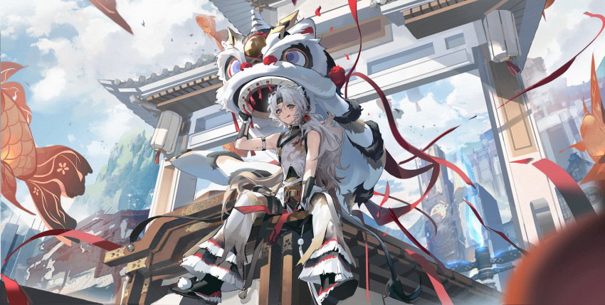 1boy, :q, absurdres, architecture, armlet, bare_shoulders, bell-bottoms, between_legs, bishounen, black_gloves, black_headband, black_socks, black_tail, clouds, commentary, day, east_asian_architecture, from_below, full_body, gloves, gradient_tail, grey_hair, hand_between_legs, hand_up, hashtag-only_commentary, headband, highres, jewelry, karst, lingyang_(wuthering_waves), lion_dance, lion_tail, long_hair, male_focus, nagito, outdoors, paifang, pants, parted_bangs, perspective, pom_pom_footwear, ponytail, red_ribbon, ribbon, scenery, shirt, simple_bird, sitting, sky, sleeveless, sleeveless_shirt, socks, solo, tacet_mark_(wuthering_waves), tail, tongue, tongue_out, white_shirt, wide_shot, wuthering_waves