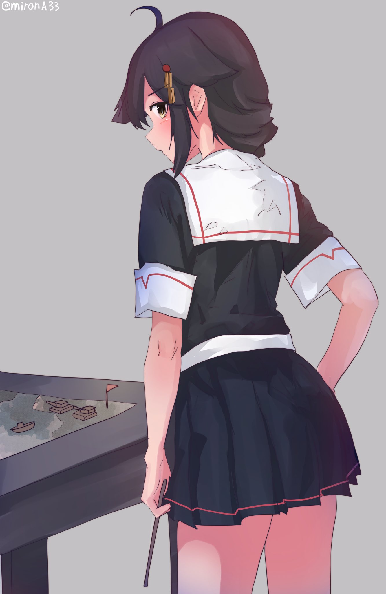 1girl, ahoge, black_hair, black_serafuku, black_shirt, black_skirt, blue_eyes, commentary_request