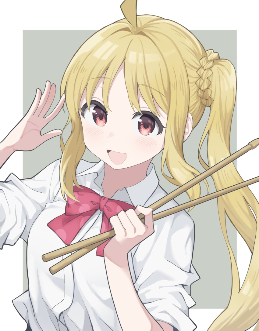 1girl, ahoge, blonde_hair, blush, bocchi_the_rock!, bow, hair_ornament, highres