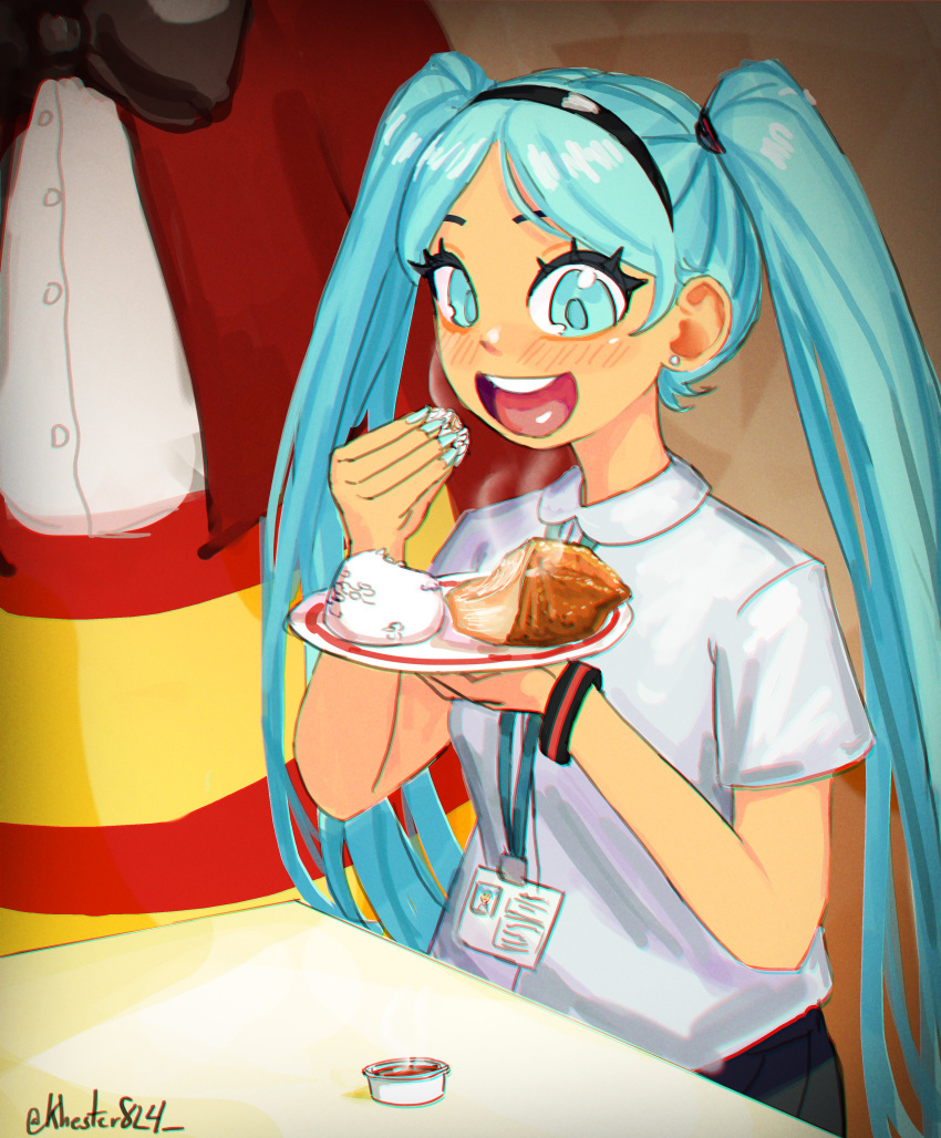 1girl, absurdres, alternate_costume, aqua_eyes, aqua_hair, aqua_nails, black_hairband, black_shirt