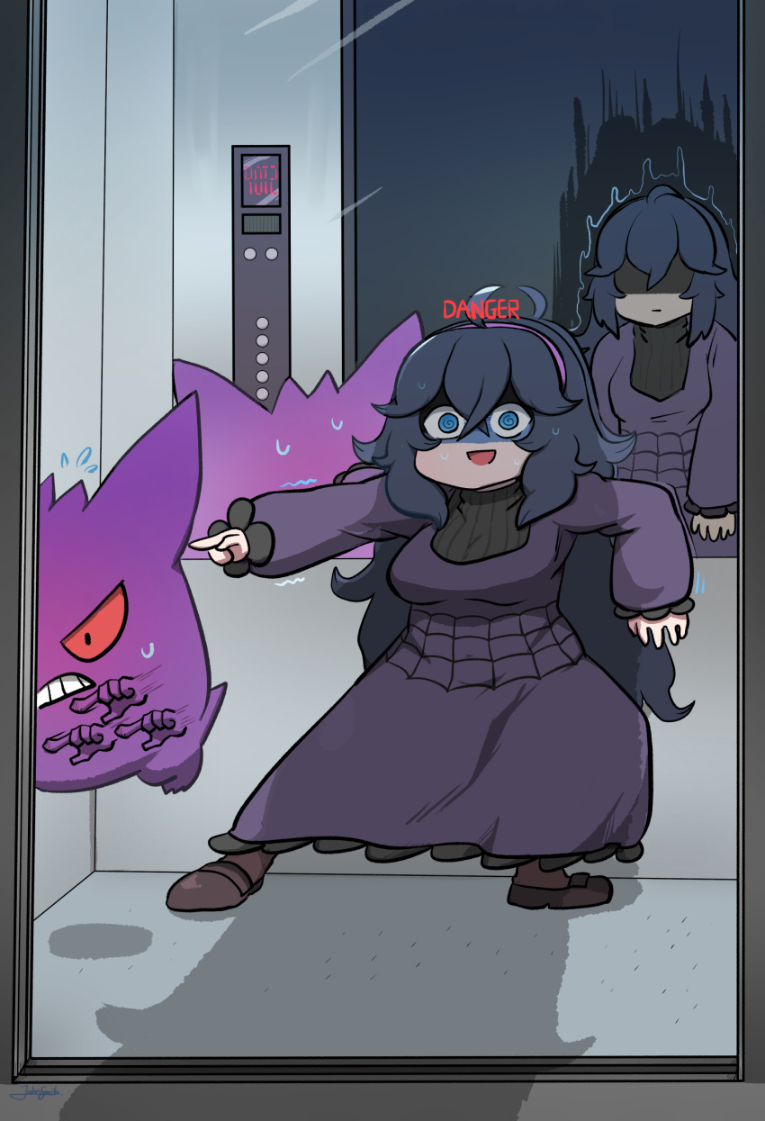 2girls, :d, @_@, afterimage, against_wall, ahoge, aura, black_hair