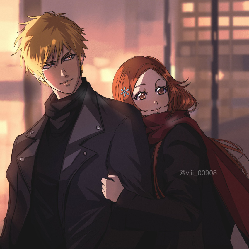 1boy, 1girl, black_coat, black_sweater, bleach, blonde_hair, blurry, blurry_background, brown_eyes, closed_mouth, coat, couple, hair_between_eyes, hair_ornament, hetero, highres, holding_another's_arm, inoue_orihime, kurosaki_ichigo, long_hair, long_sleeves, orange_hair, red_scarf, scarf, short_hair, smile, snowflake_hair_ornament, sweater, turtleneck, turtleneck_sweater, twitter_username, upper_body, viii_00908, winter_clothes