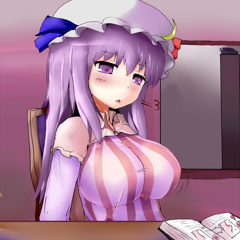 bad_id, blush, breast_expansion, breasts, crescent, crescent_moon, hat, ikeruga, large_breasts, long_hair, patchouli_knowledge, purple_eyes, purple_hair, solo, touhou, violet_eyes