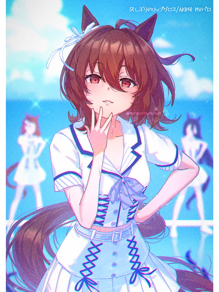 3girls, agnes_tachyon_(umamusume), ahoge, animal_ears, belt, blue_ribbon, brown_hair, collared_shirt
