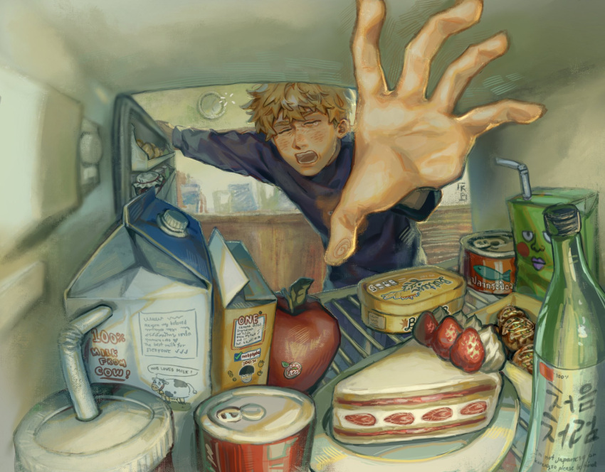 1boy, apple, blonde_hair, blush, bottle, cake, can, canned_food