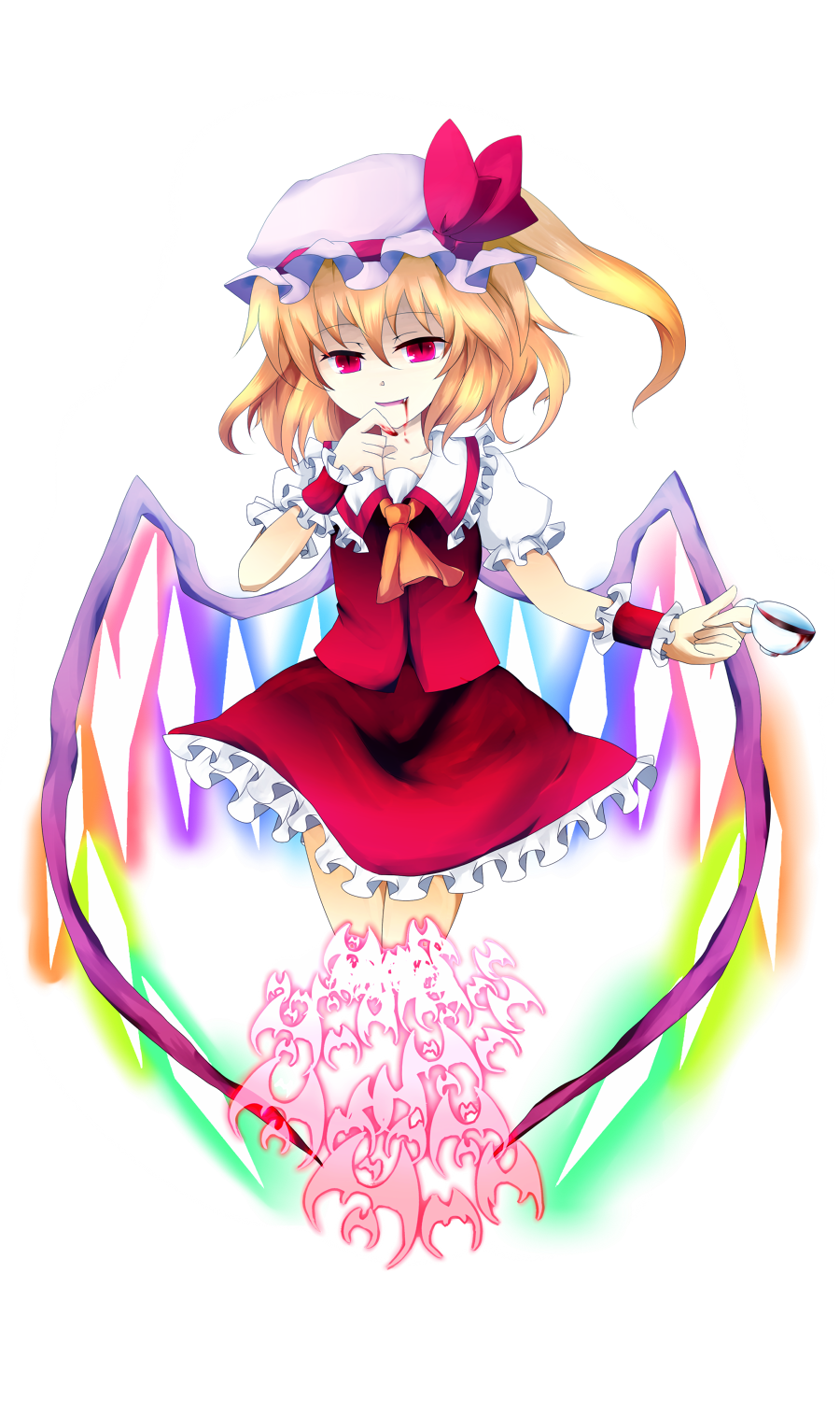 bat, blonde_hair, blood, cup, flandre_scarlet, hat, highres, kuroi_(your_blood)