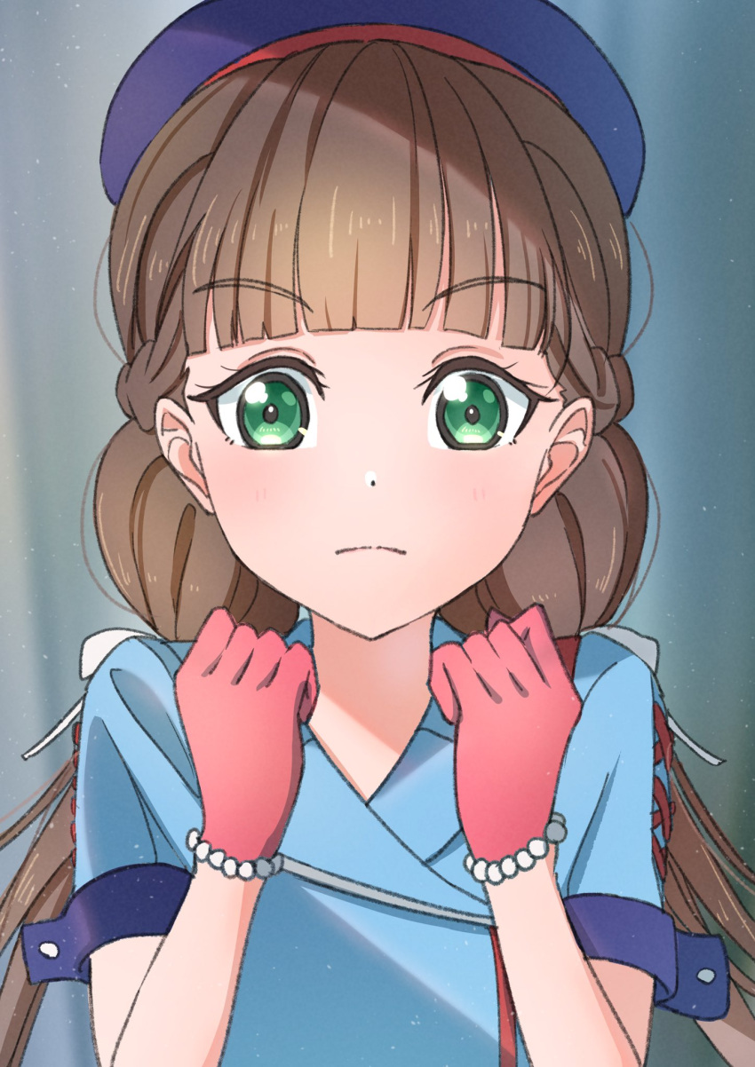 1girl, blue_hat, blue_shirt, blunt_bangs, blurry, blurry_background, brown_hair, clenched_hands