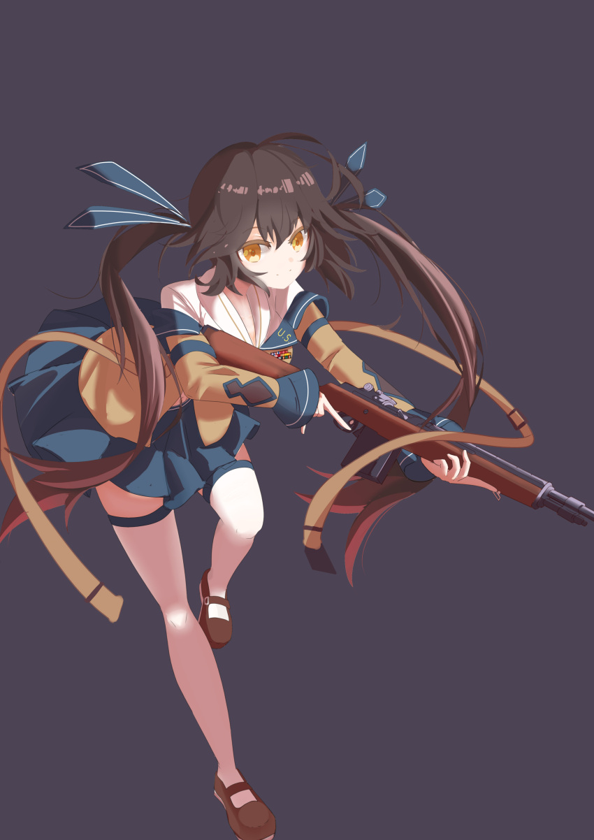 1girl, absurdres, antenna_hair, battle_rifle, black_background, blue_ribbon, blue_skirt, breasts, brown_footwear, brown_hair, brown_jacket, closed_mouth, commentary, english_commentary, full_body, girls_frontline, gun, hair_between_eyes, hair_ribbon, highres, holding, holding_gun, holding_weapon, jacket, long_hair, long_sleeves, looking_at_viewer, m14, m14_(girls'_frontline), mary_janes, medium_breasts, nokialia_(sinoteenme), off_shoulder, ribbon, rifle, shirt, shoes, simple_background, skirt, smile, solo, standing, standing_on_one_leg, thigh-highs, twintails, very_long_hair, weapon, white_shirt, white_thighhighs, yellow_eyes
