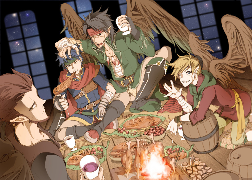 4boys, alcohol, bandages, bare_pectorals, barrel, beard, black_hair, blonde_hair, blue_hair, boots, brown_hair, cape, chalice, closed_eyes, commentary, cup, eating, facial_hair, fire, fire_emblem, fire_emblem:_path_of_radiance, fork, hand_on_another's_head, headband, holding, holding_fork, ike_(fire_emblem), indoors, jacket, janaff_(fire_emblem), laguz_(fire_emblem), male_focus, matsunaga_mami, multiple_boys, on_floor, one_eye_closed, open_clothes, open_jacket, pectorals, red_cape, scar, scar_on_chest, scar_on_face, sitting, smile, tibarn_(fire_emblem), ulki_(fire_emblem), window, wine, wings, wooden_floor